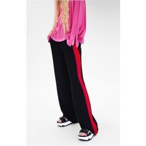 NWT Zara High Rise Wide Leg Black Pants with Red and Pink Bold Stripe